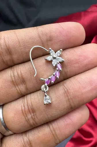 floral nath nose pin pink cz silver finish indian bridal jewelry