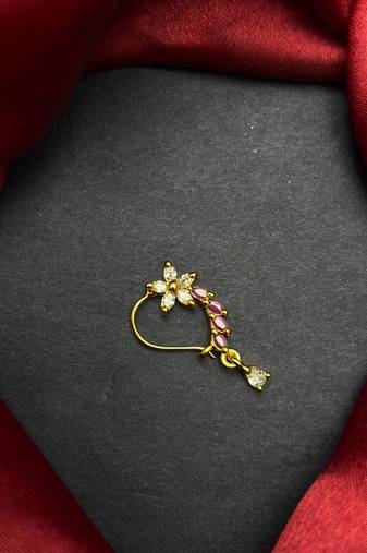 floral nath nose pin pink cz gold finish indian bridal jewelry
