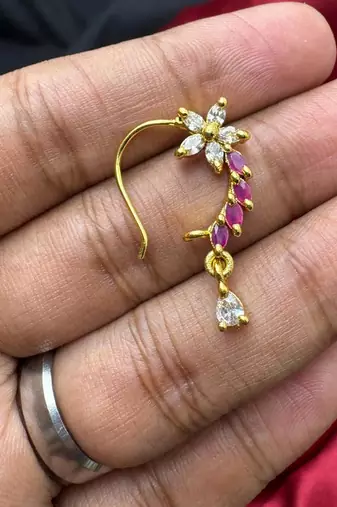 floral nath nose pin pink cz gold finish indian bridal jewelry