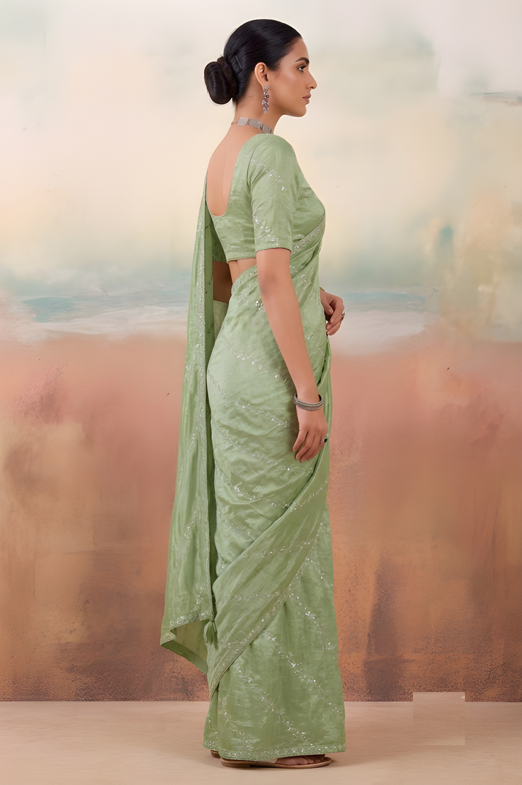 Green solid poly chiffon ethnic saree