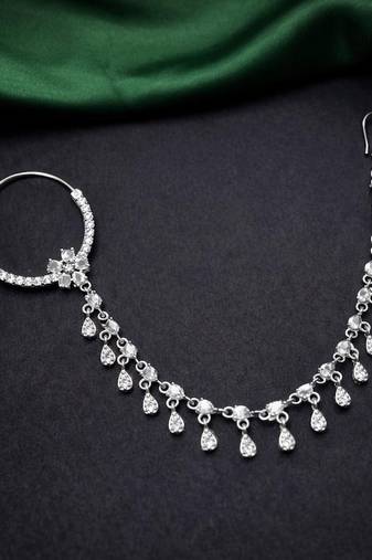 silver look piercing bridal nath with chain  cz stone indian nose ring