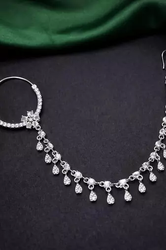 silver look piercing bridal nath with chain  cz stone indian nose ring