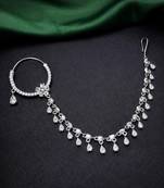 silver look piercing bridal nath with chain  cz stone indian nose ring