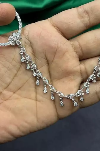 silver look piercing bridal nath with chain  cz stone indian nose ring
