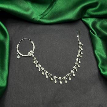 silver look piercing bridal nath with chain  cz stone indian nose ring 3