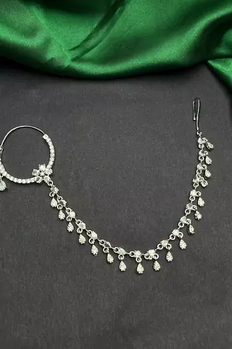 silver look piercing bridal nath with chain  cz stone indian nose ring