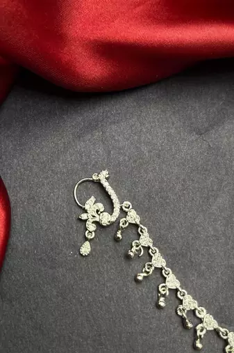 silver bridal nath with cz ear chain traditional indian nose ring bollywood wedding jewelry