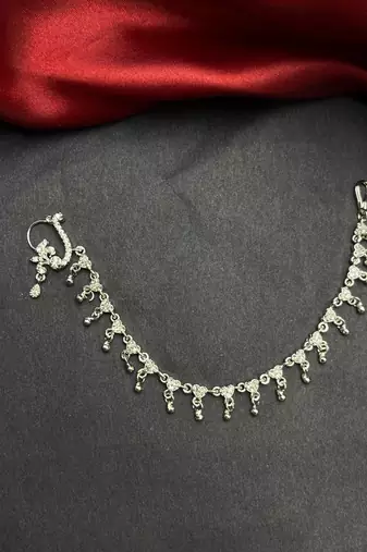 silver bridal nath with cz ear chain traditional indian nose ring bollywood wedding jewelry