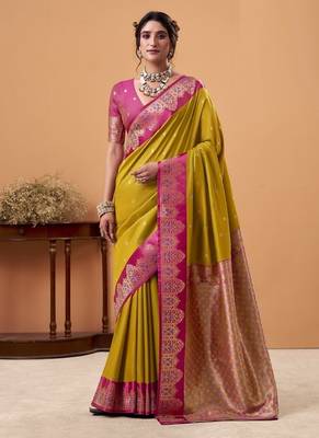 golden soft satin with rich woven border festive & wedding wear saree 1