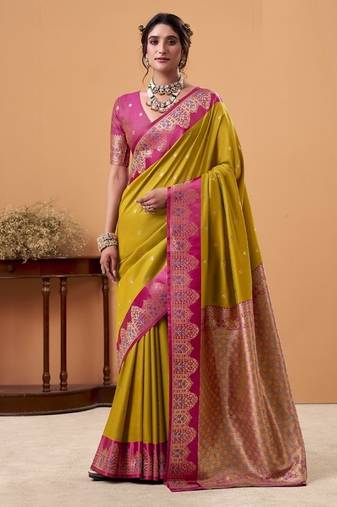 golden soft satin with rich woven border festive & wedding wear saree