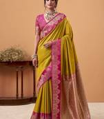 golden soft satin with rich woven border festive & wedding wear saree