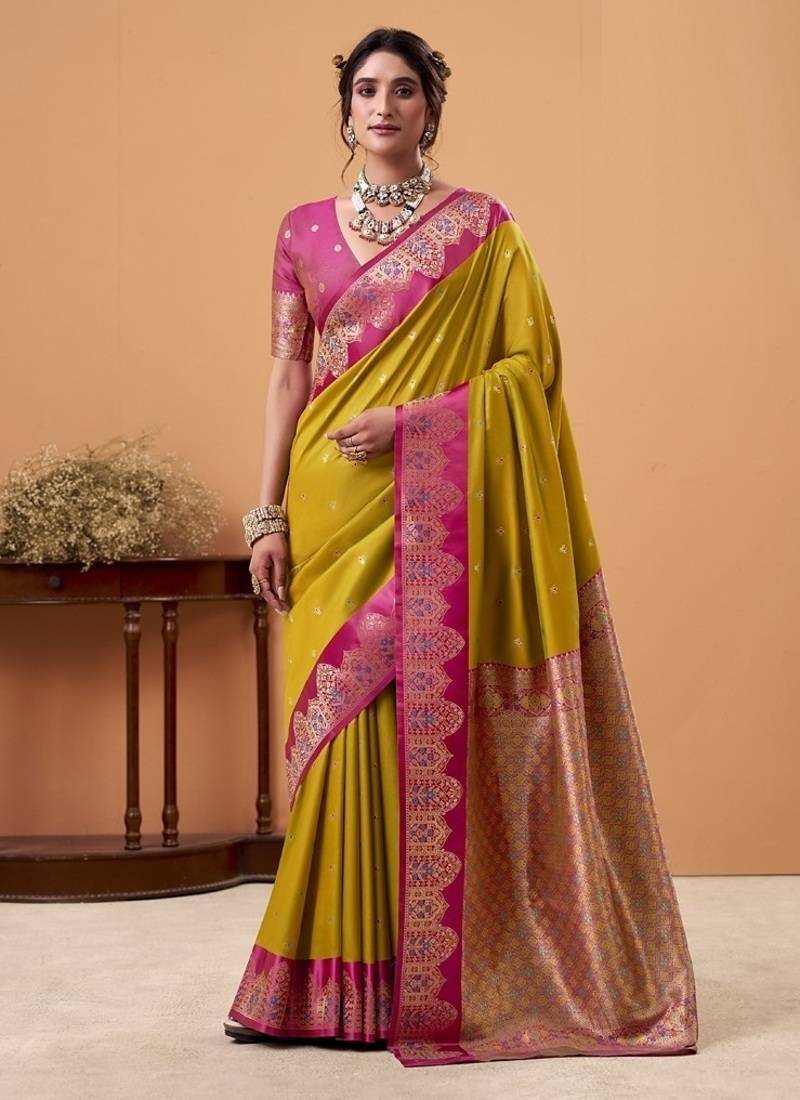 golden soft satin with rich woven border festive & wedding wear saree