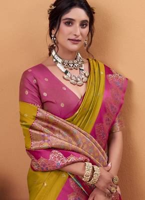 golden soft satin with rich woven border festive & wedding wear saree 2