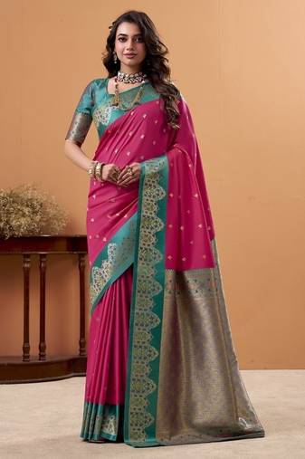 rani pink soft satin with rich woven border festive & wedding wear saree