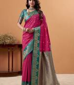rani pink soft satin with rich woven border festive & wedding wear saree
