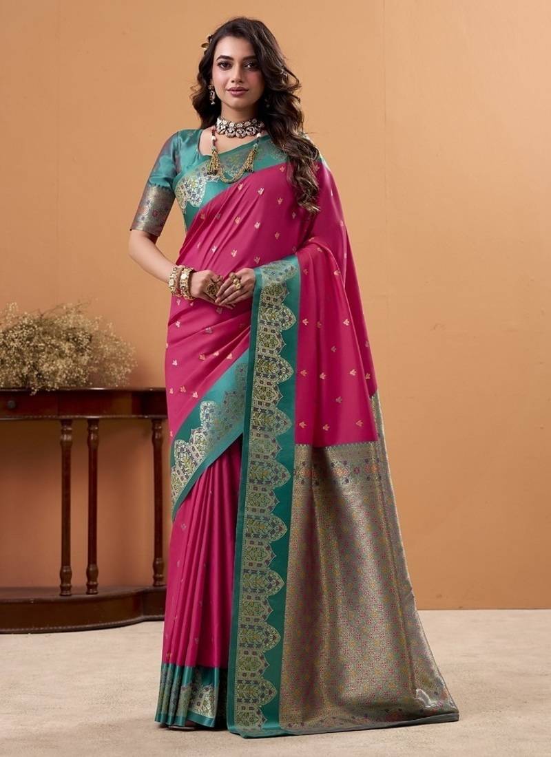 rani pink soft satin with rich woven border festive & wedding wear saree