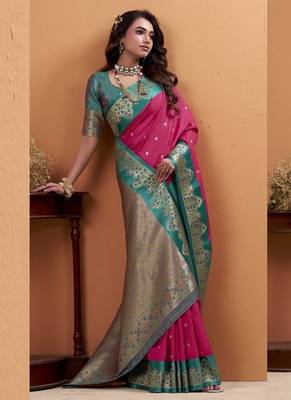 rani pink soft satin with rich woven border festive & wedding wear saree 2