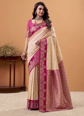 beige soft satin with rich woven border festive & wedding wear saree 1