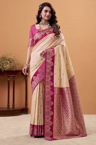 beige soft satin with rich woven border festive & wedding wear saree