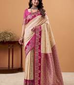 beige soft satin with rich woven border festive & wedding wear saree
