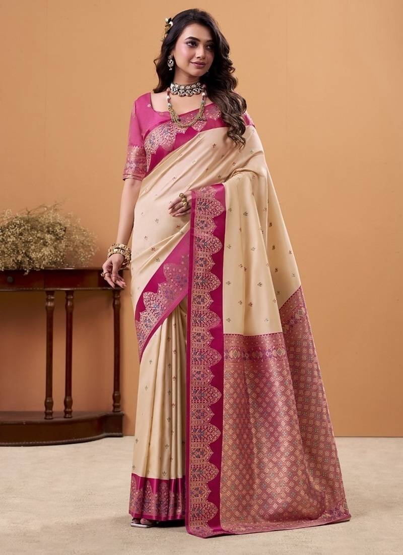 beige soft satin with rich woven border festive & wedding wear saree