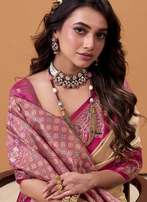 beige soft satin with rich woven border festive & wedding wear saree 2