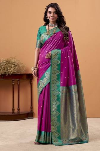 magenta soft satin with rich woven border festive & wedding wear saree