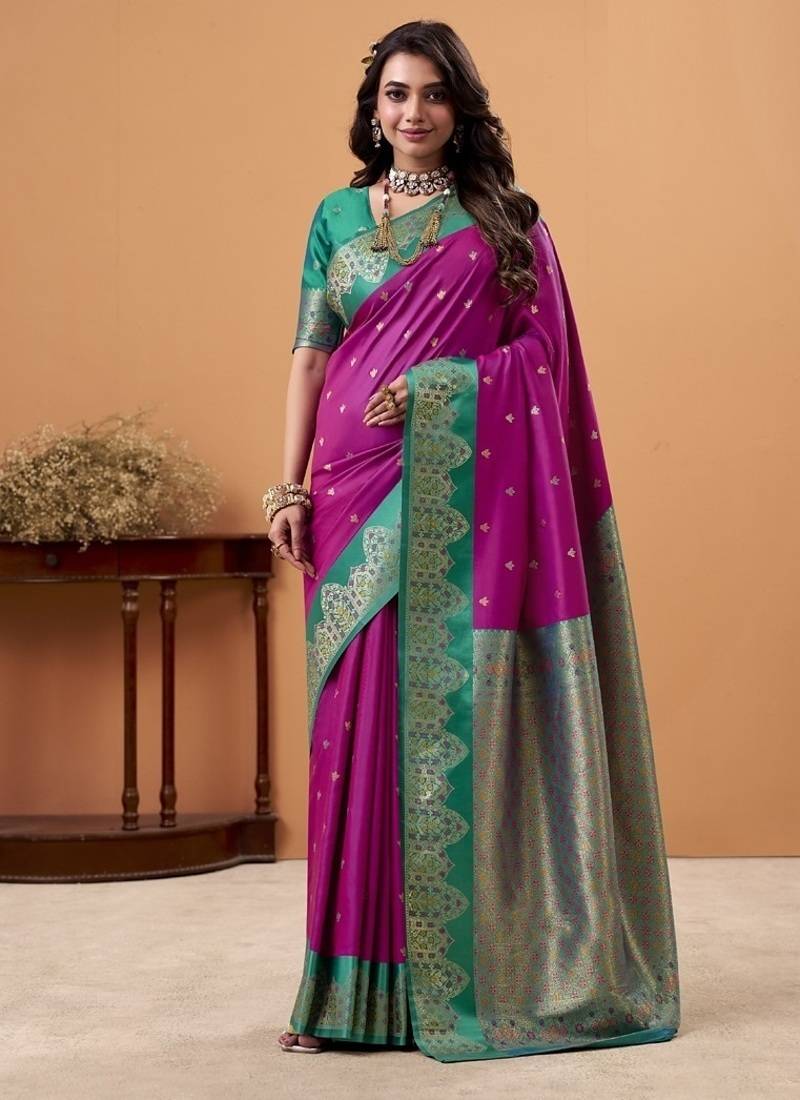 magenta soft satin with rich woven border festive & wedding wear saree