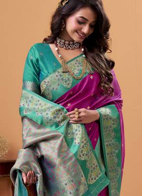 magenta soft satin with rich woven border festive & wedding wear saree 2