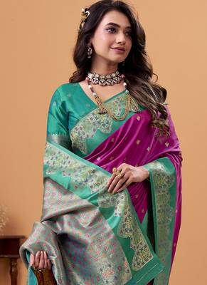 magenta soft satin with rich woven border festive & wedding wear saree 3