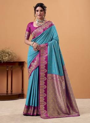sky blue soft satin with rich woven border festive & wedding wear saree 1