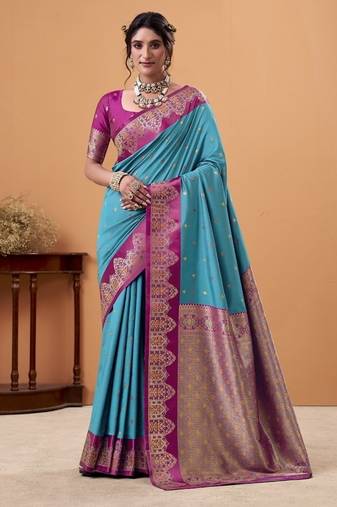 sky blue soft satin with rich woven border festive & wedding wear saree