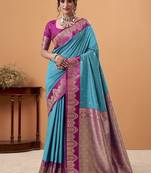 sky blue soft satin with rich woven border festive & wedding wear saree