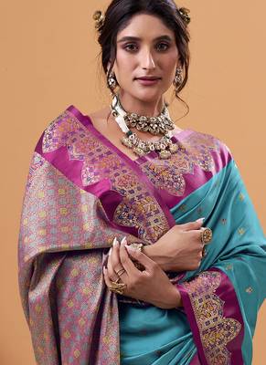 sky blue soft satin with rich woven border festive & wedding wear saree 2