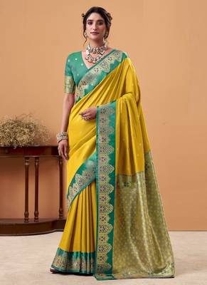 yellow soft satin with rich woven border festive & wedding wear saree 1