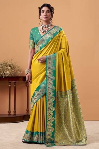 yellow soft satin with rich woven border festive & wedding wear saree