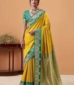 yellow soft satin with rich woven border festive & wedding wear saree
