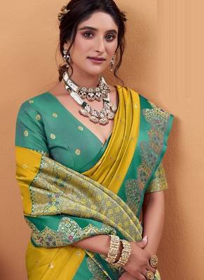 yellow soft satin with rich woven border festive & wedding wear saree 2