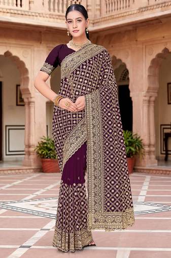 Designer purple zari embroidery zarkan work georgette saree