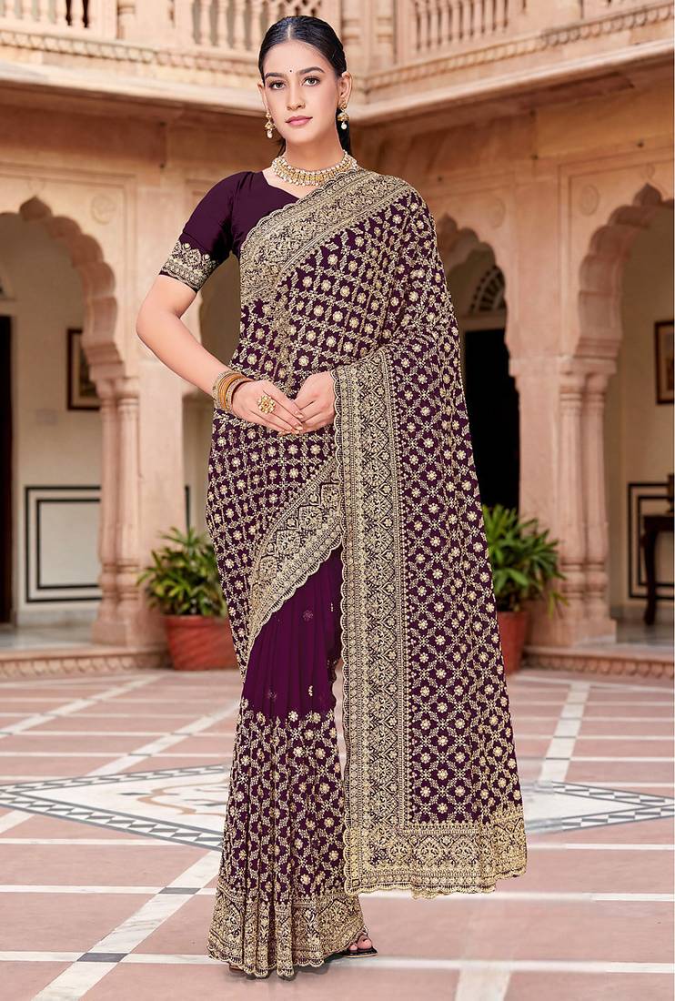 Designer purple zari embroidery zarkan work georgette saree