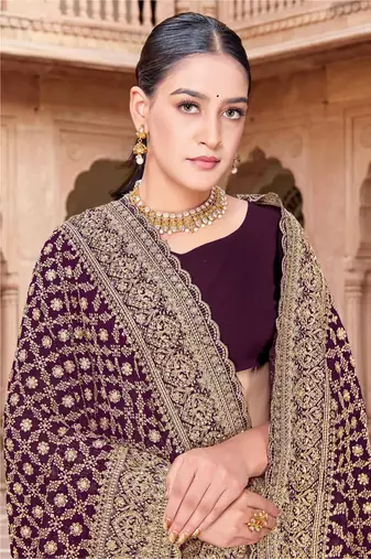 Designer purple zari embroidery zarkan work georgette saree