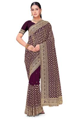 Designer purple zari embroidery zarkan work georgette saree 3