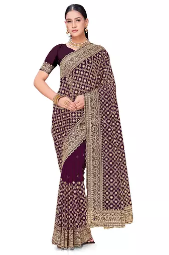 Designer purple zari embroidery zarkan work georgette saree