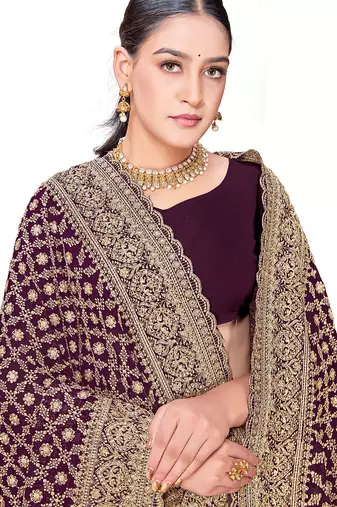 Designer purple zari embroidery zarkan work georgette saree