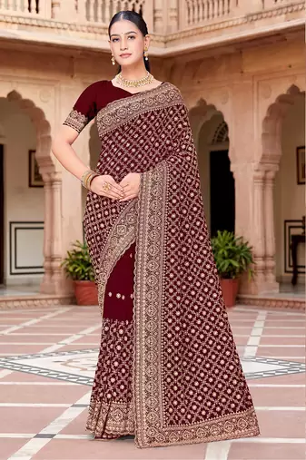 Designer maroon zari embroidery zarkan work georgette saree