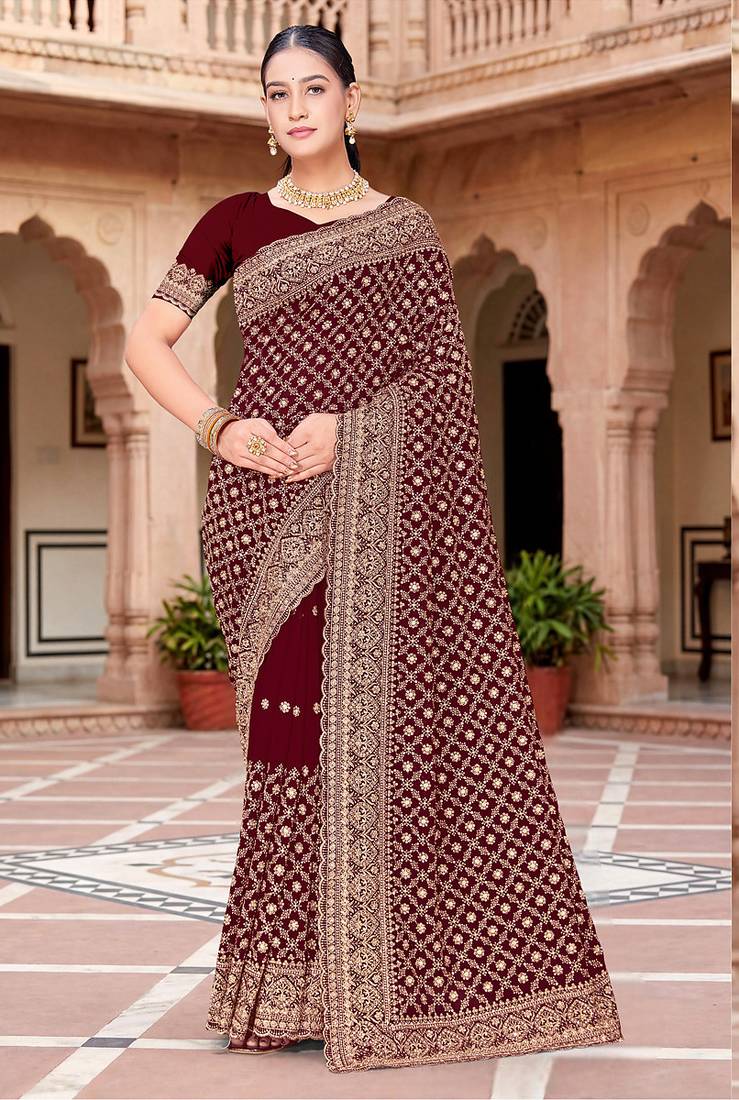 Designer maroon zari embroidery zarkan work georgette saree