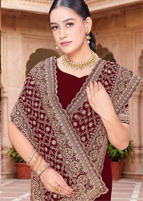 Designer maroon zari embroidery zarkan work georgette saree 2
