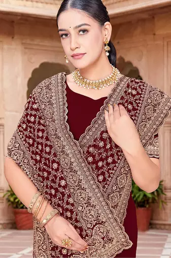 Designer maroon zari embroidery zarkan work georgette saree