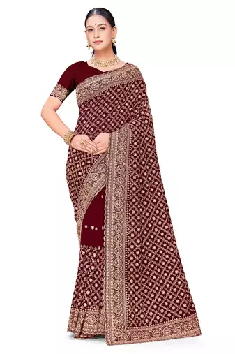 Designer maroon zari embroidery zarkan work georgette saree