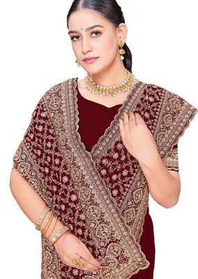 Designer maroon zari embroidery zarkan work georgette saree 4